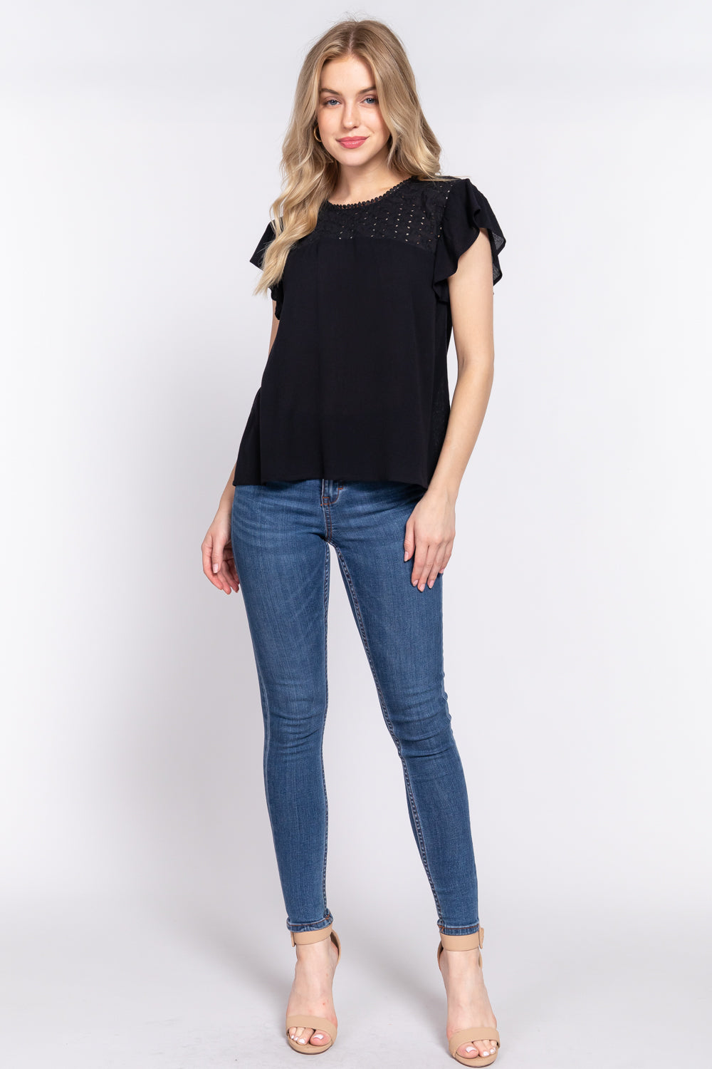 Alfressy Ruffle Short Sleeve Crochet Blouse