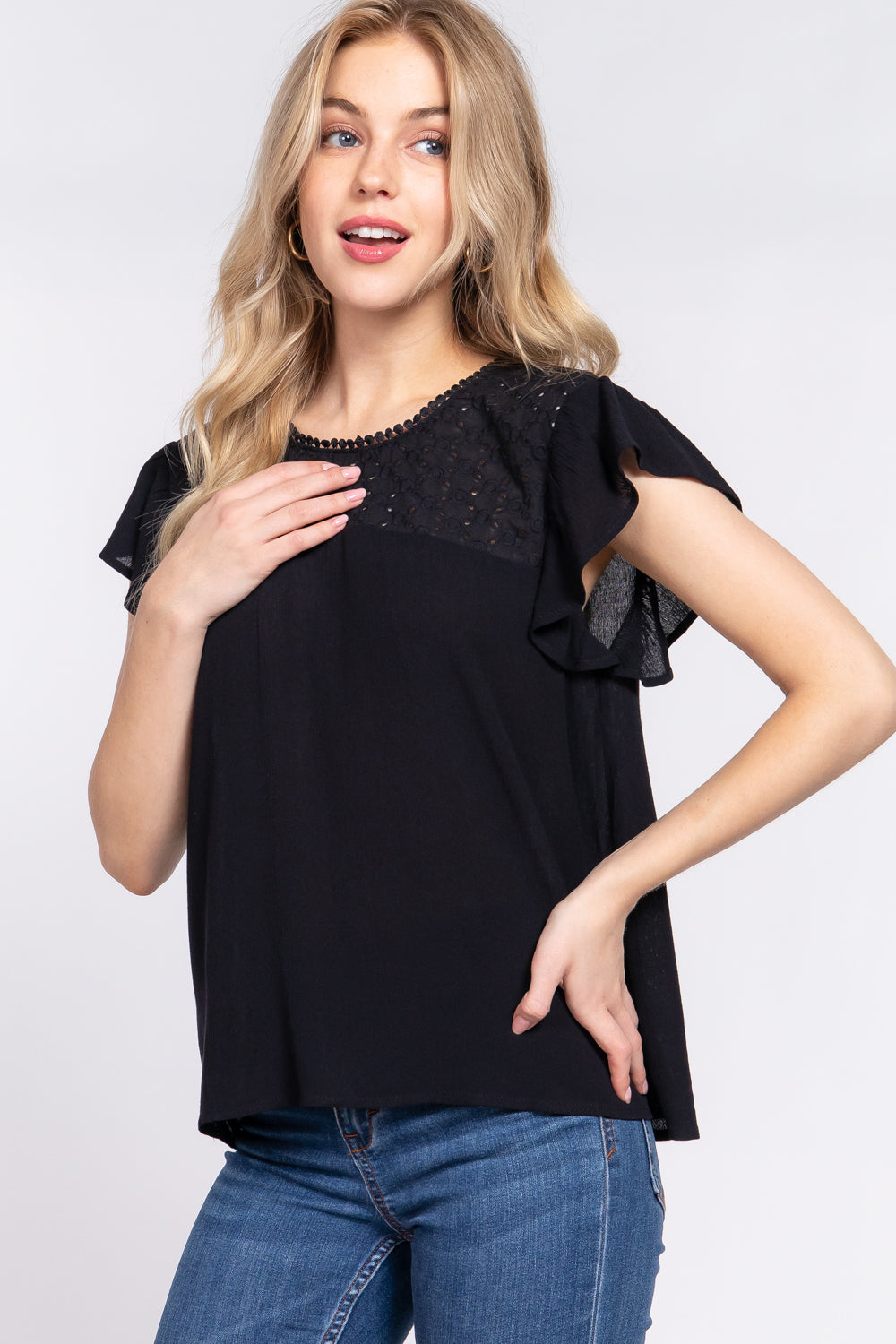 Alfressy Ruffle Short Sleeve Crochet Blouse