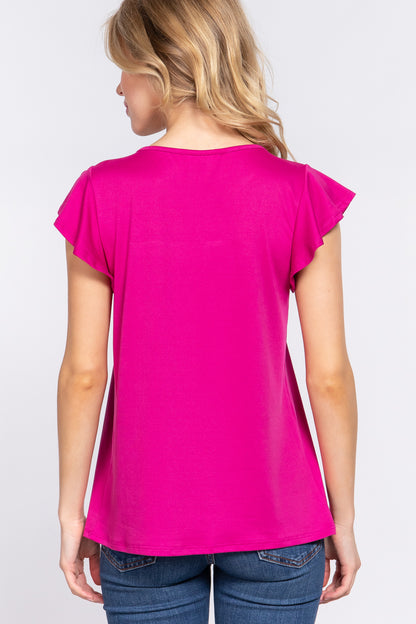 Alfressy Ruffle Short Sleeve Lace Detail Knit Top