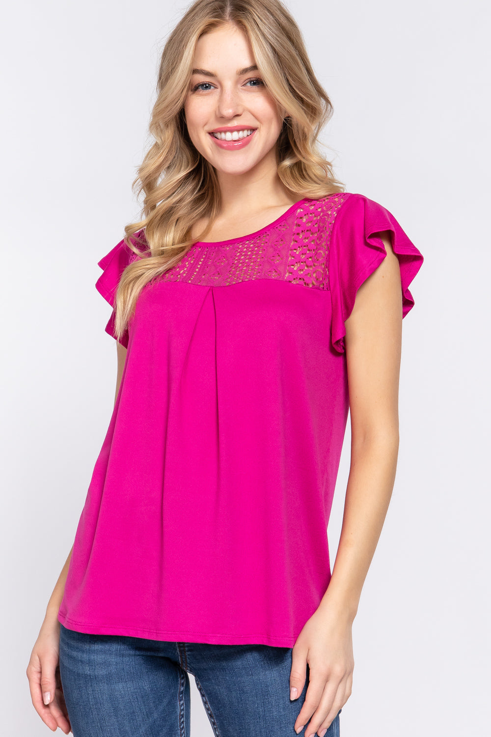 Alfressy Ruffle Short Sleeve Lace Detail Knit Top