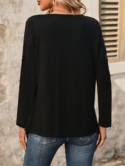 Alfressy Notched Long Sleeve T-Shirt for Women - Black - XL - Opaque, Slightly Stretchy, Decorative Button