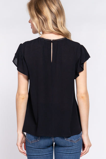 Alfressy Ruffle Short Sleeve Crochet Blouse