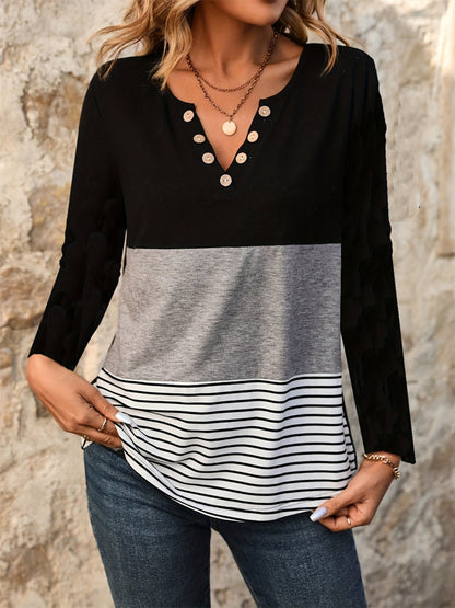 Alfressy Notched Long Sleeve T-Shirt for Women - Black - XL - Opaque, Slightly Stretchy, Decorative Button