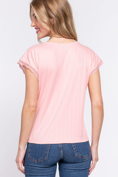 Alfressy Lace Trim V-Neck Short Sleeve Ribbed Top