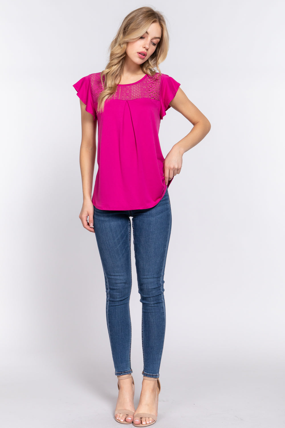 Alfressy Ruffle Short Sleeve Lace Detail Knit Top